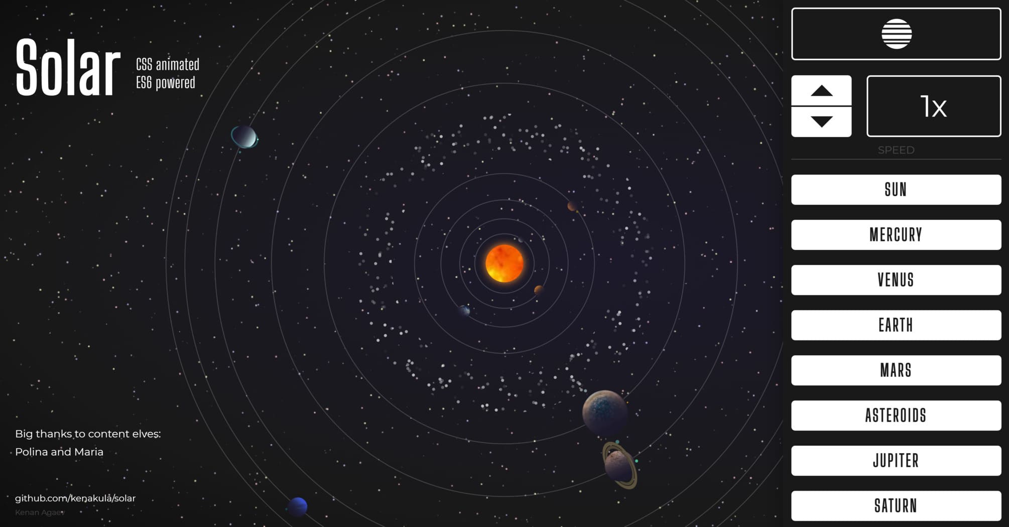 Solar. Модель солнечной системы с временем в масштабе